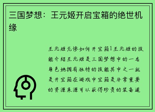 三国梦想：王元姬开启宝箱的绝世机缘